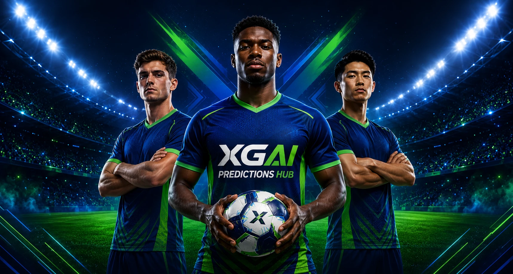 XGAI Predictions Hub — three soccer players in navy and neon-green kits